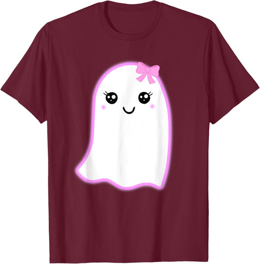 Halloween Cute Ghost Kawaii Style Pink Bow Girls Graphic T-Shirt - T-Shirt | Maroon