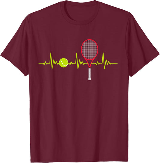 Tennis Player Retro Sport Racket Tennis Ball Heartbeat T-Shirt - T-Shirt | Maroon