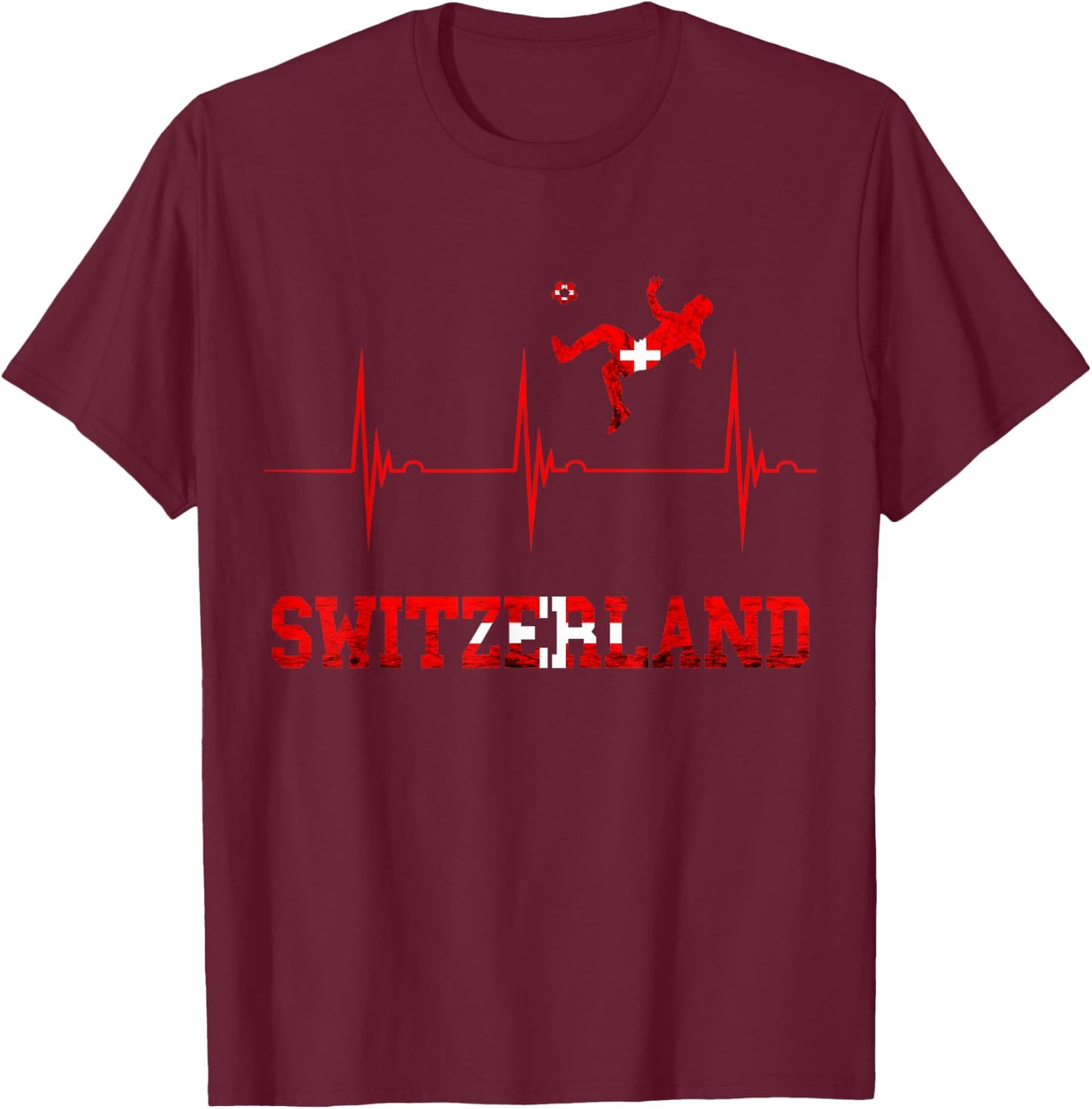 Switzerland Soccer Heartbeat EKG Pulse Schweiz Swiss Flag T-Shirt - T-Shirt | Maroon