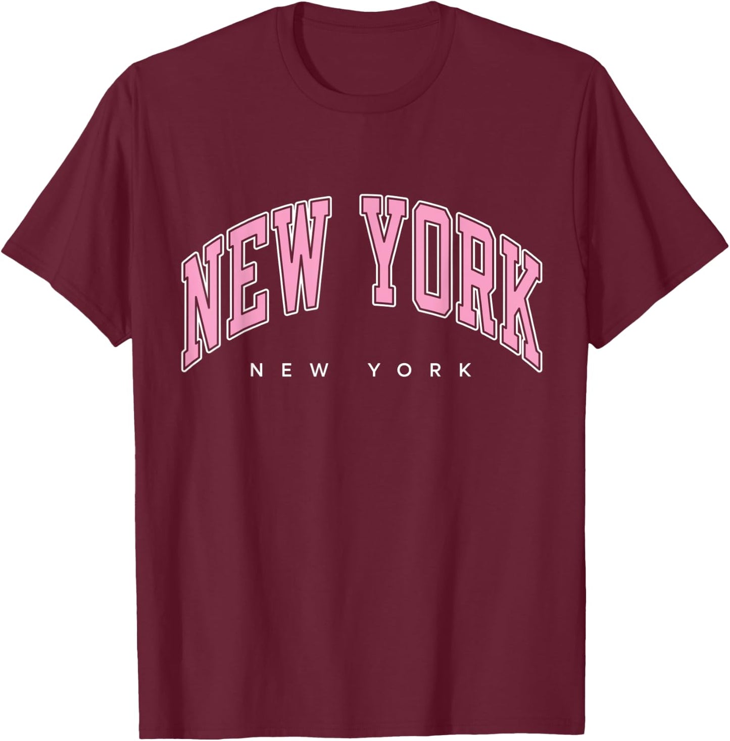 New York New York NY Varsity Style Pink Text T-Shirt - T-Shirt | Maroon