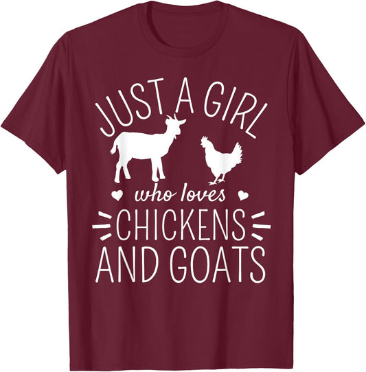Just A Girl Who Loves Chickens And Goats Farmer Girls T-Shirt - T-Shirt | Maroon