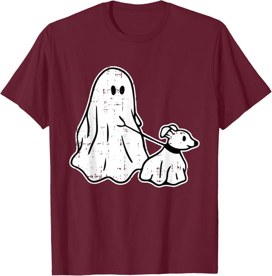 Ghost Holding Puppy Dog Halloween Costume Ghoul Doggie Women Kids T-Shirt - T-Shirt | Maroon