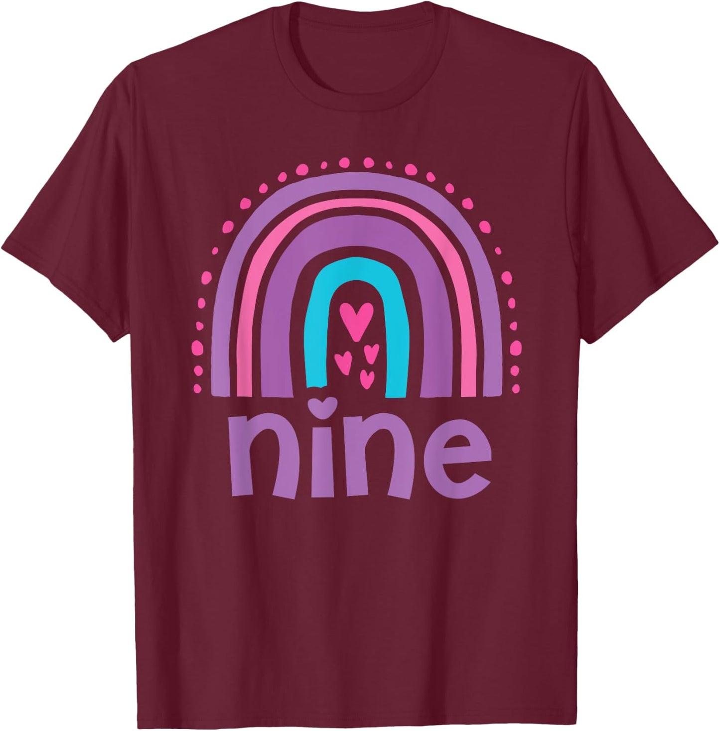 Girl's 9th Birthday Boho Rainbow Nine 9 Years Old Colorful T-Shirt - T-Shirt | Maroon