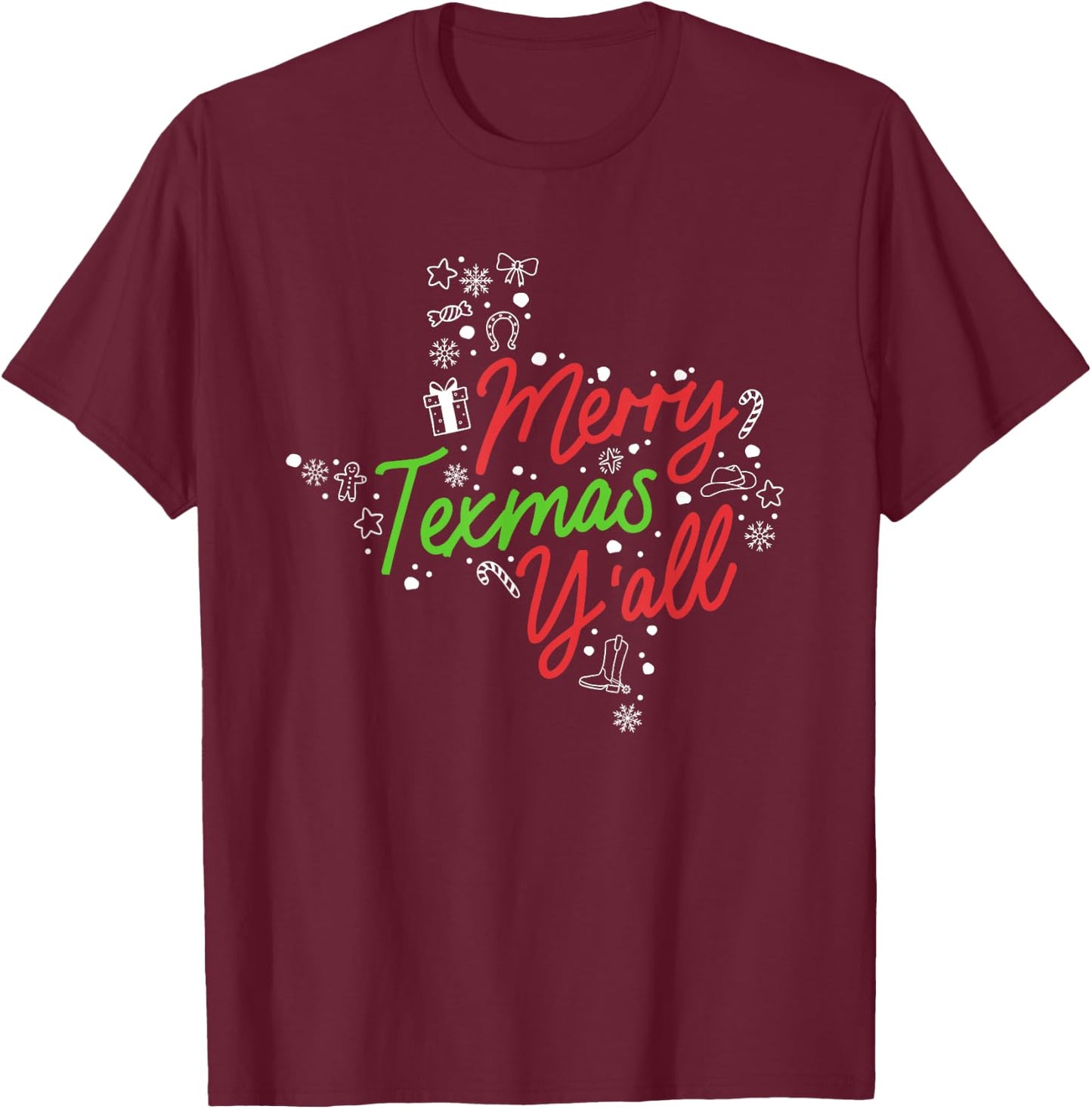 Merry Texmas Y'all Cute Southern Christmas Texas Holidays T-Shirt - T-Shirt | Maroon