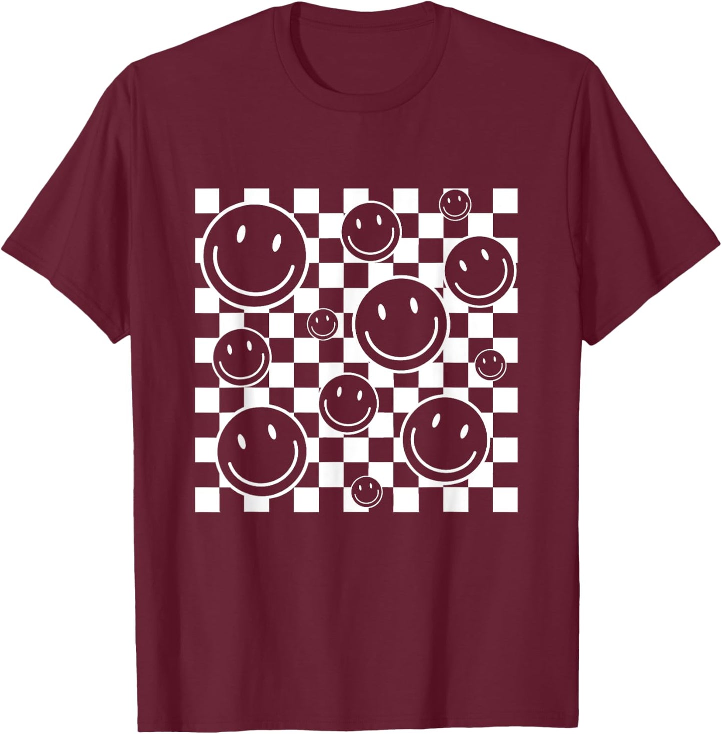Retro Happy Face Checkered Flag Pattern Men Kids T-Shirt - T-Shirt | Maroon