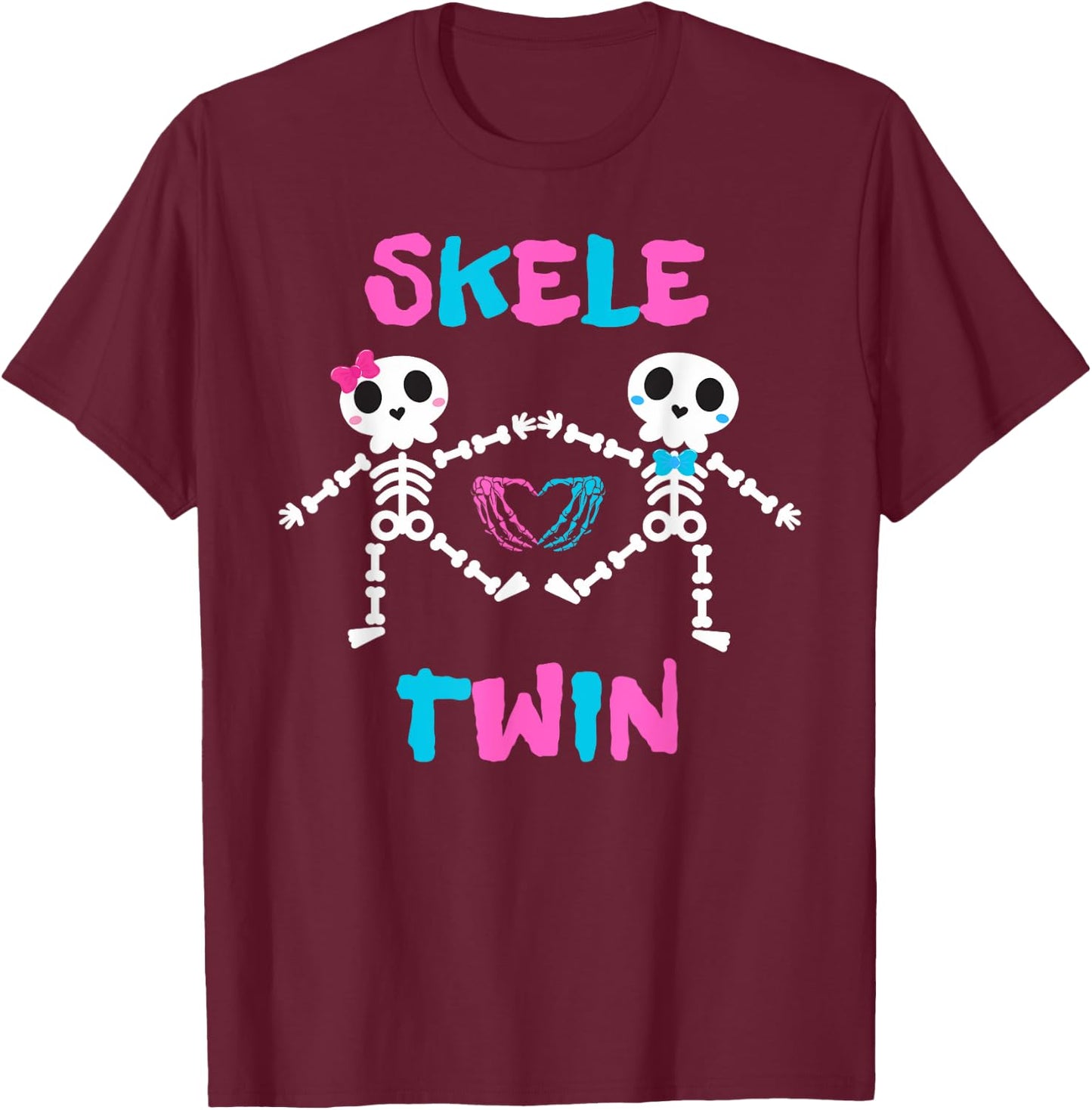 Skele Cute Twins Halloween Two Horror Skeletons Lover Family T-Shirt - T-Shirt | Maroon