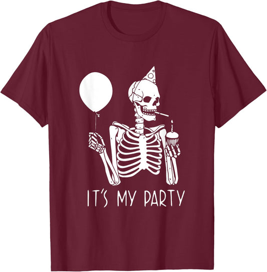 Its My Party Lazy Halloween Costume Skeleton Skull Birthday T-Shirt - T-Shirt | Maroon