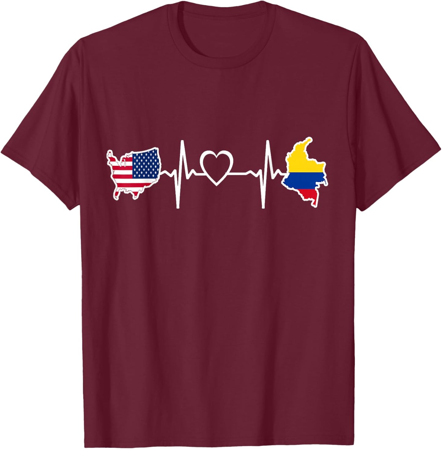 Colombia USA Heartbeat - Colombian American USA Flag T-Shirt - T-Shirt | Maroon