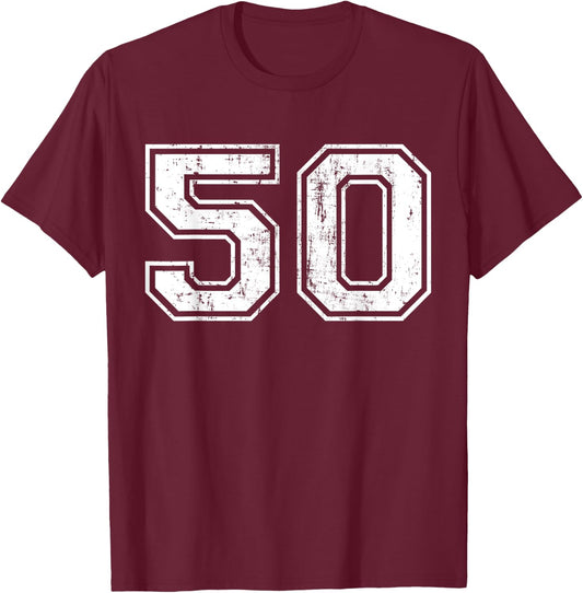 Number 50 Distressed Vintage Fifty Sports Training Practice T-Shirt - T-Shirt | Maroon