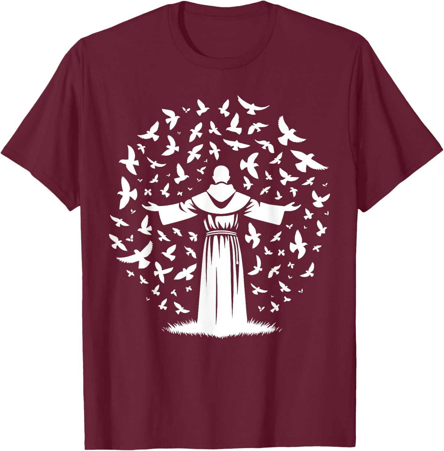 St Francis of Assisi Patron Saint of Animals Birds Catholic T-Shirt - T-Shirt | Maroon