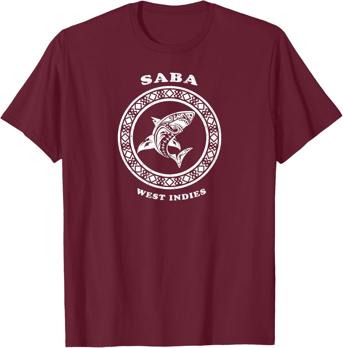 Saba, West Indies Vintage Retro Tribal Shark Vacation T-Shirt - T-Shirt | Maroon