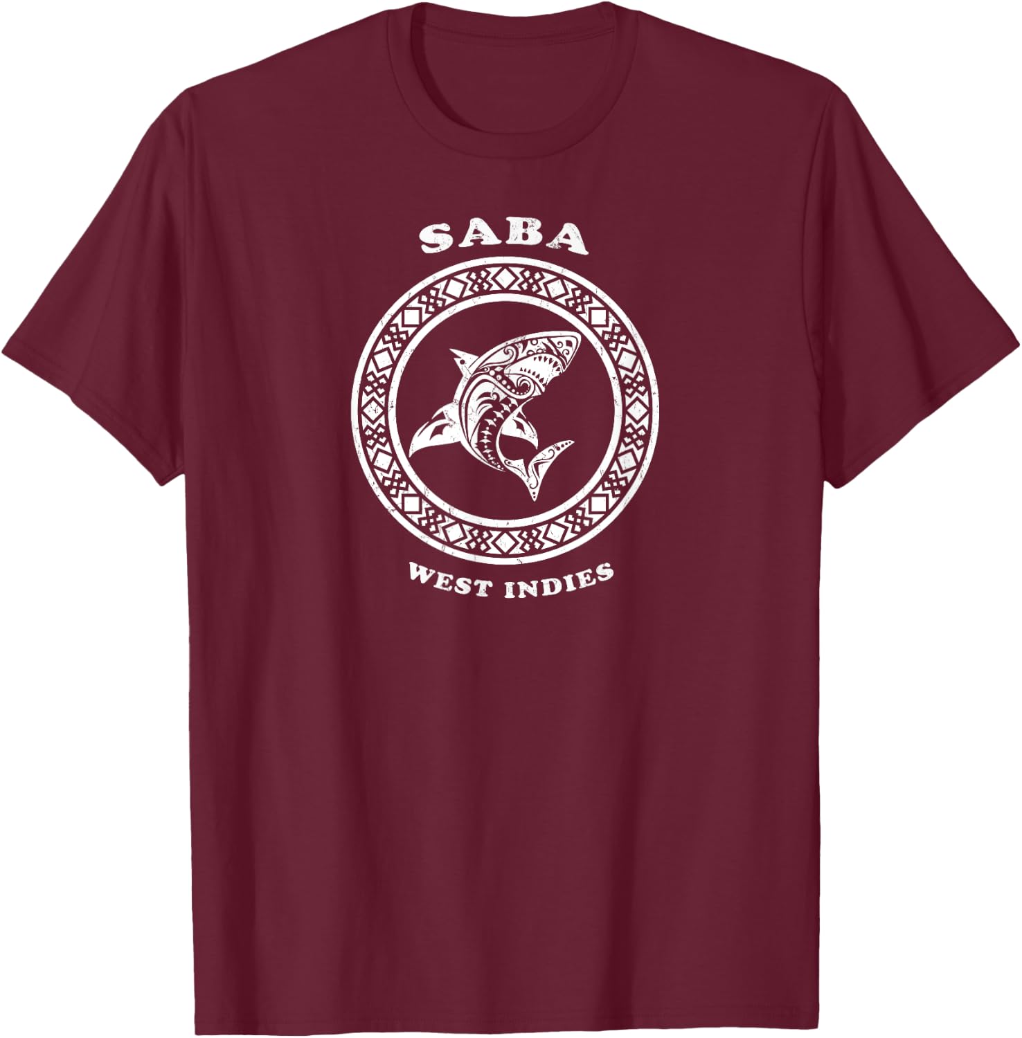 Saba, West Indies Vintage Retro Tribal Shark Vacation T-Shirt - T-Shirt | Maroon