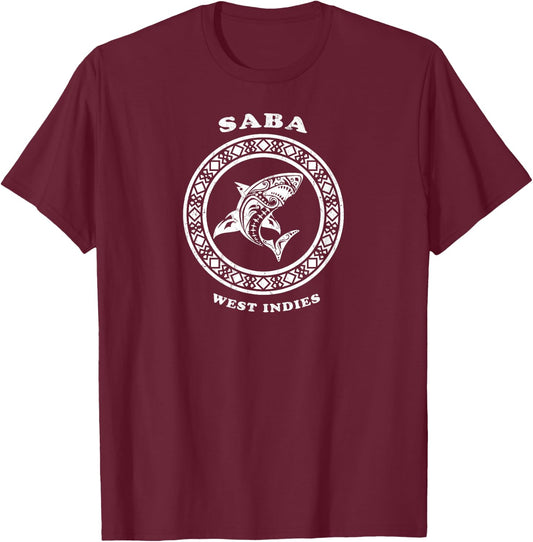 Saba, West Indies Vintage Retro Tribal Shark Vacation T-Shirt - T-Shirt | Maroon