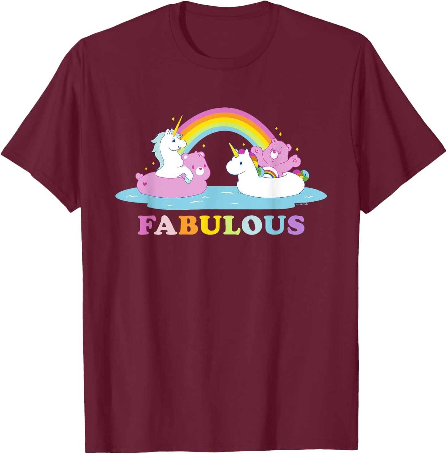 Care Bears Rainbow Fabulous With Cheer Bear And Unicorn T-Shirt - T-Shirt | Maroon