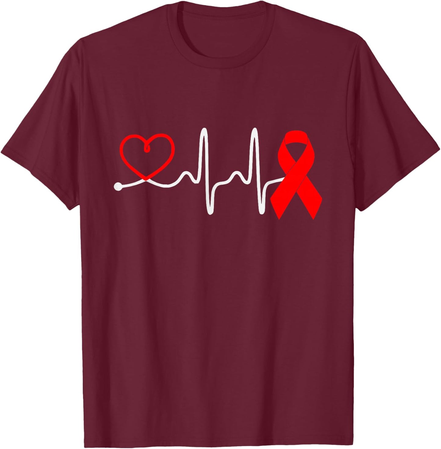 Red Ribbon Heartbeat Design For Heart Disease Awareness T-Shirt - T-Shirt | Maroon