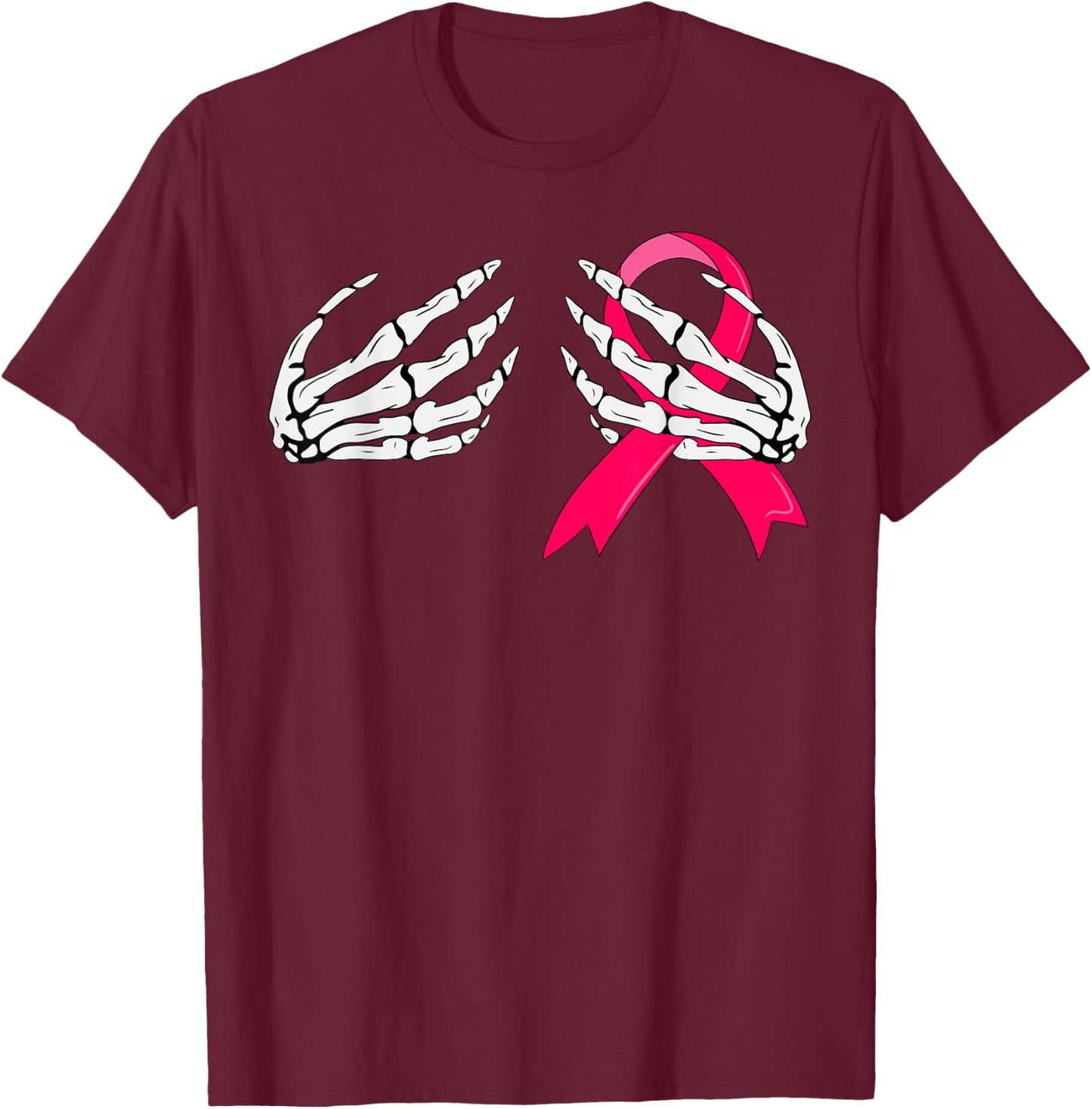 Pink Ribbon Skeleton Hand Breast Cancer Awareness T-Shirt - T-Shirt | Maroon