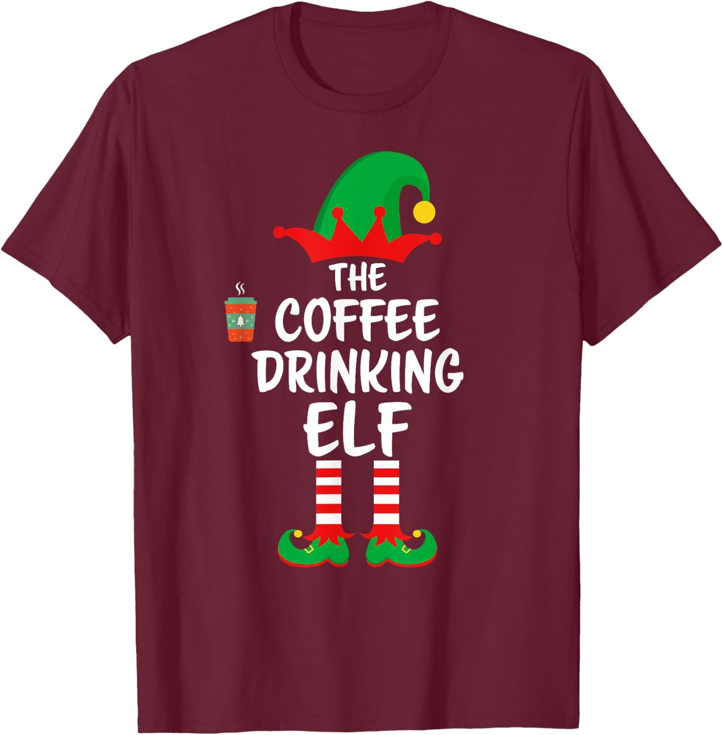 The Coffee Drinking Elf Matching Family Christmas T-Shirt - T-Shirt | Maroon