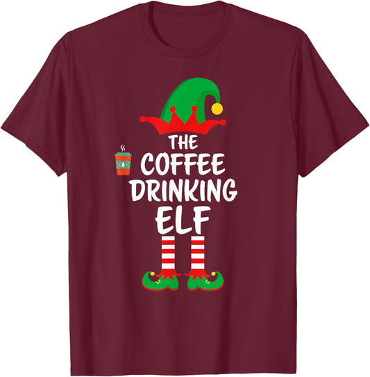 The Coffee Drinking Elf Matching Family Christmas T-Shirt - T-Shirt | Maroon