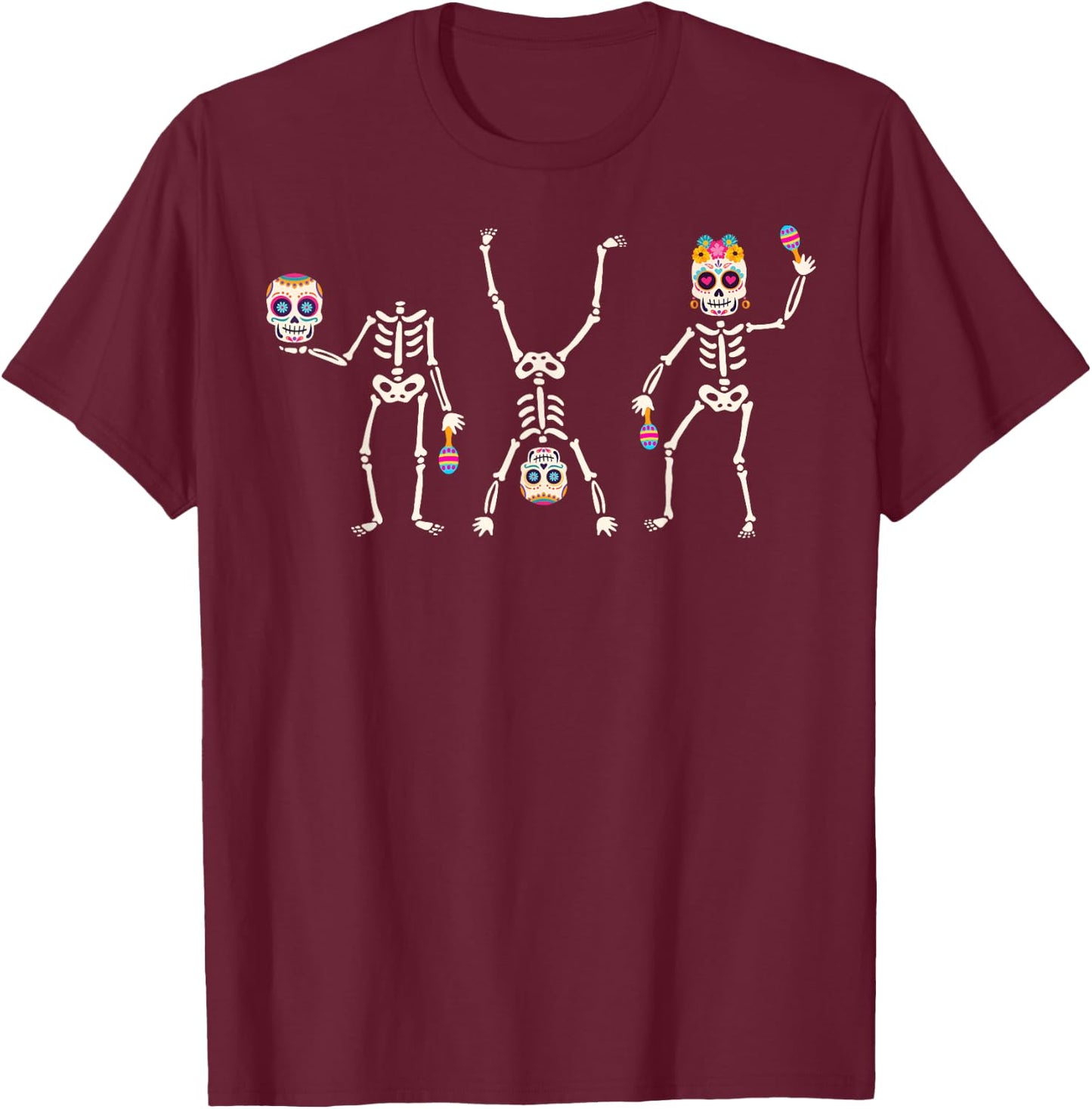 Sugar Skull Dia De Los Muertos Dancing Skeleton Costume T-Shirt - T-Shirt | Maroon