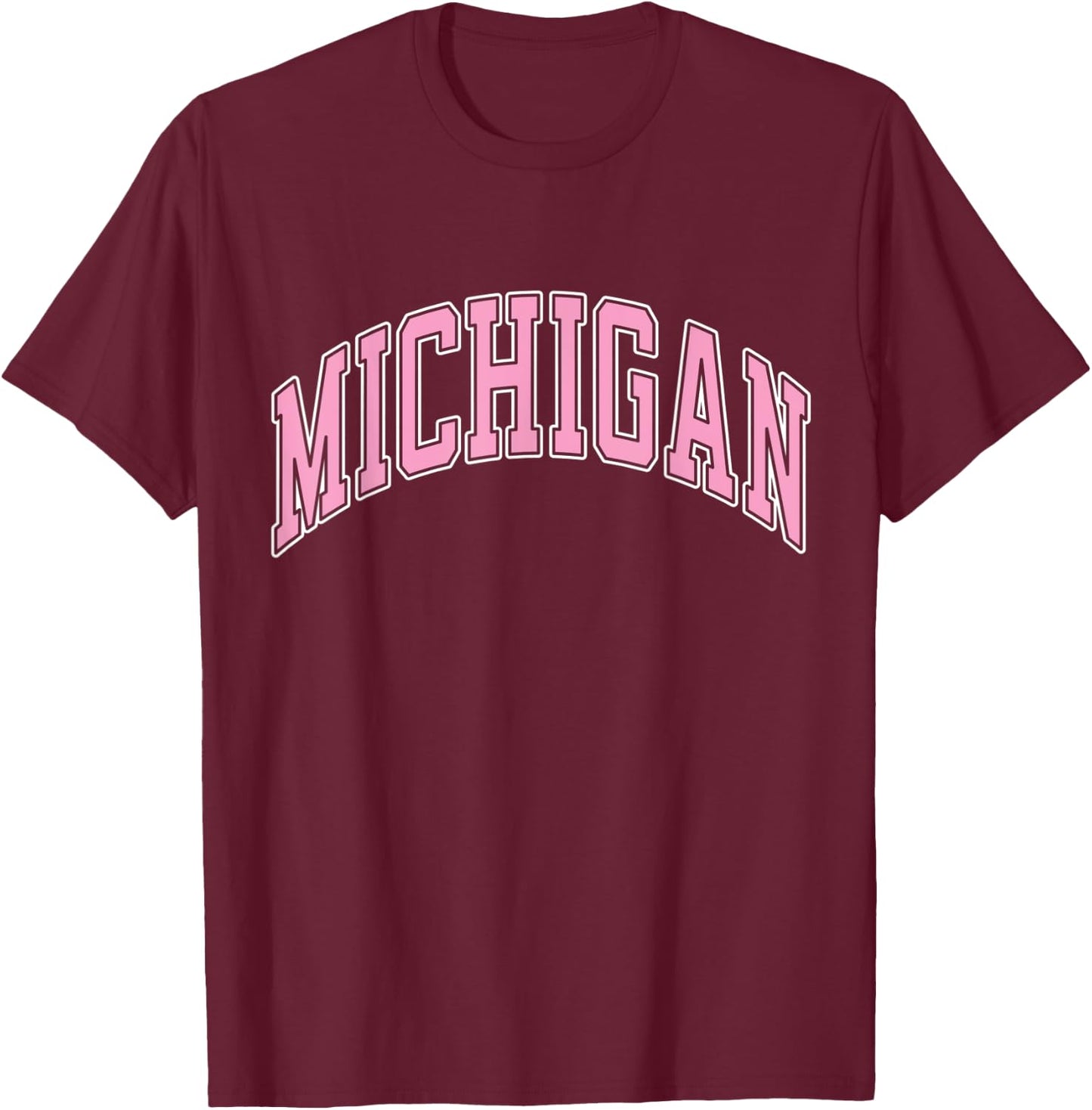 Michigan Varsity Style Pink Text T-Shirt - T-Shirt | Maroon