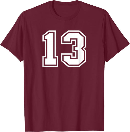 Number 13 White Sports Team Varsity Number T-Shirt - T-Shirt | Maroon