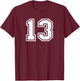 Number 13 White Sports Team Varsity Number T-Shirt - T-Shirt | Maroon