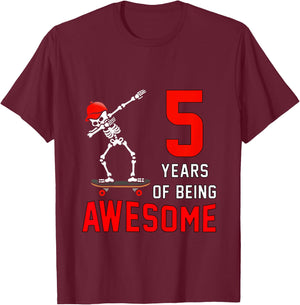 Kids 5th Birthday Dabbing Skeleton Skateboard 5 Years Old Boys T-Shirt - T-Shirt | Maroon