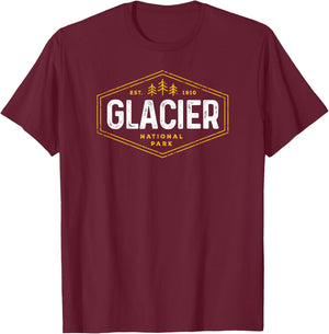 Glacier National Park Shirt Vintage Tree Hexagon Badge Hike T-Shirt - T-Shirt | Maroon