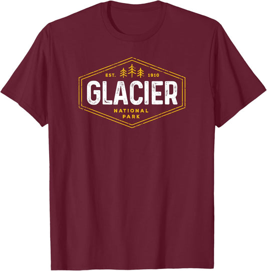 Glacier National Park Shirt Vintage Tree Hexagon Badge Hike T-Shirt - T-Shirt | Maroon