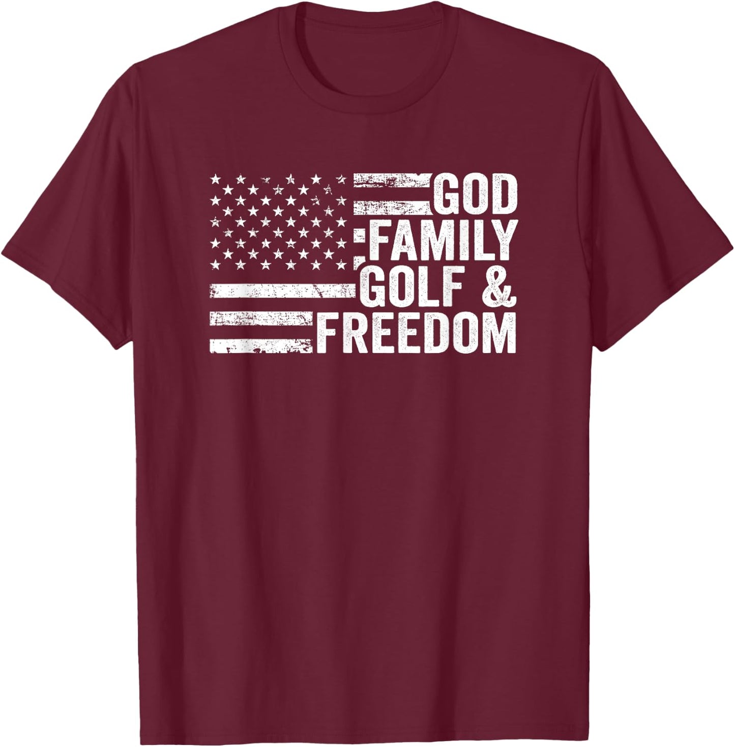 God Family Golf & Freedom - Funny Golf Player American Flag Men T-Shirt - T-Shirt | Maroon