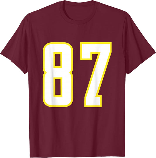 Yellow White Sports Team Number 87 T-Shirt - T-Shirt | Maroon