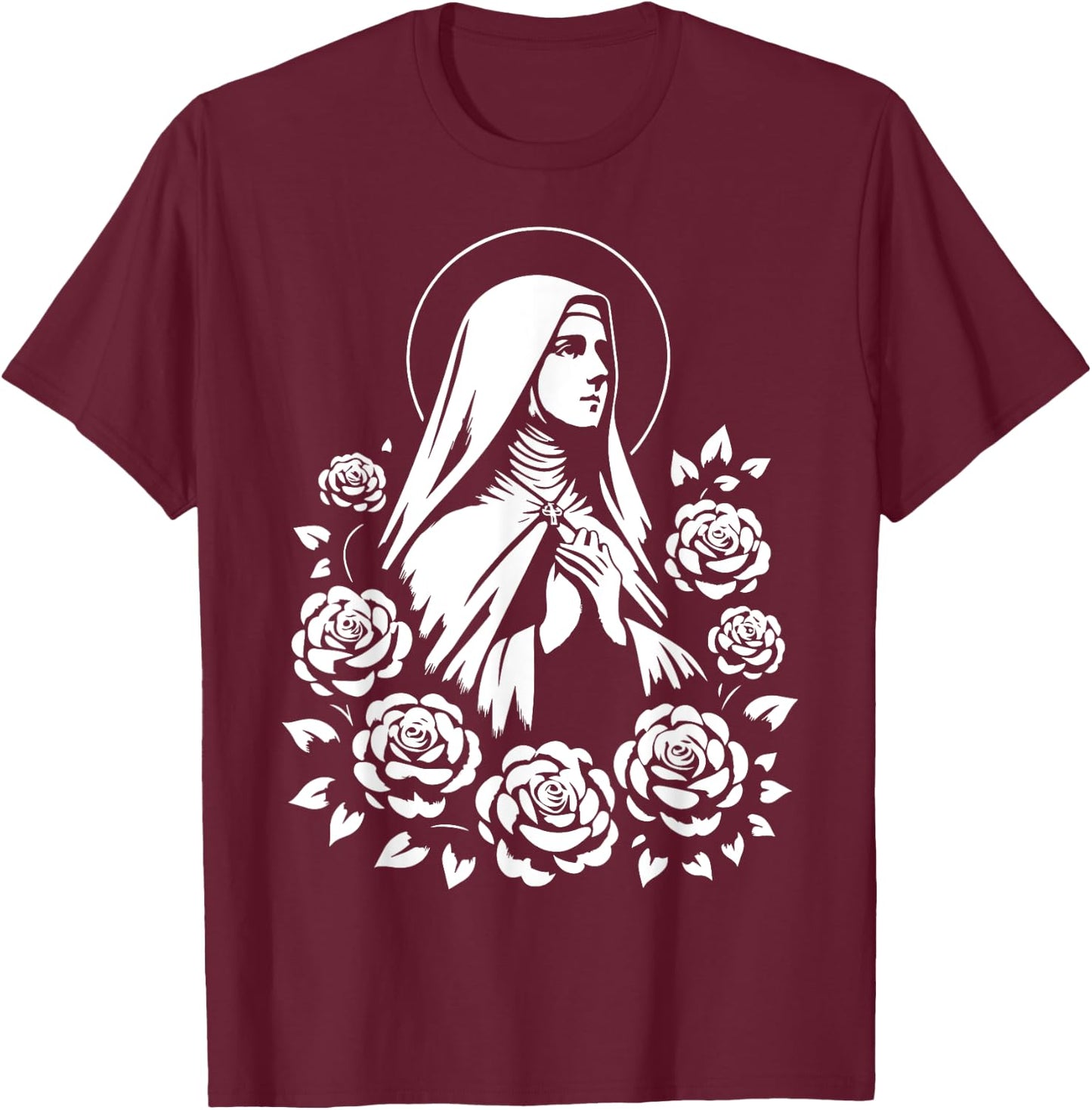 St Therese of Lisieux Little Flower Saint Roses Catholic Art T-Shirt - T-Shirt | Maroon