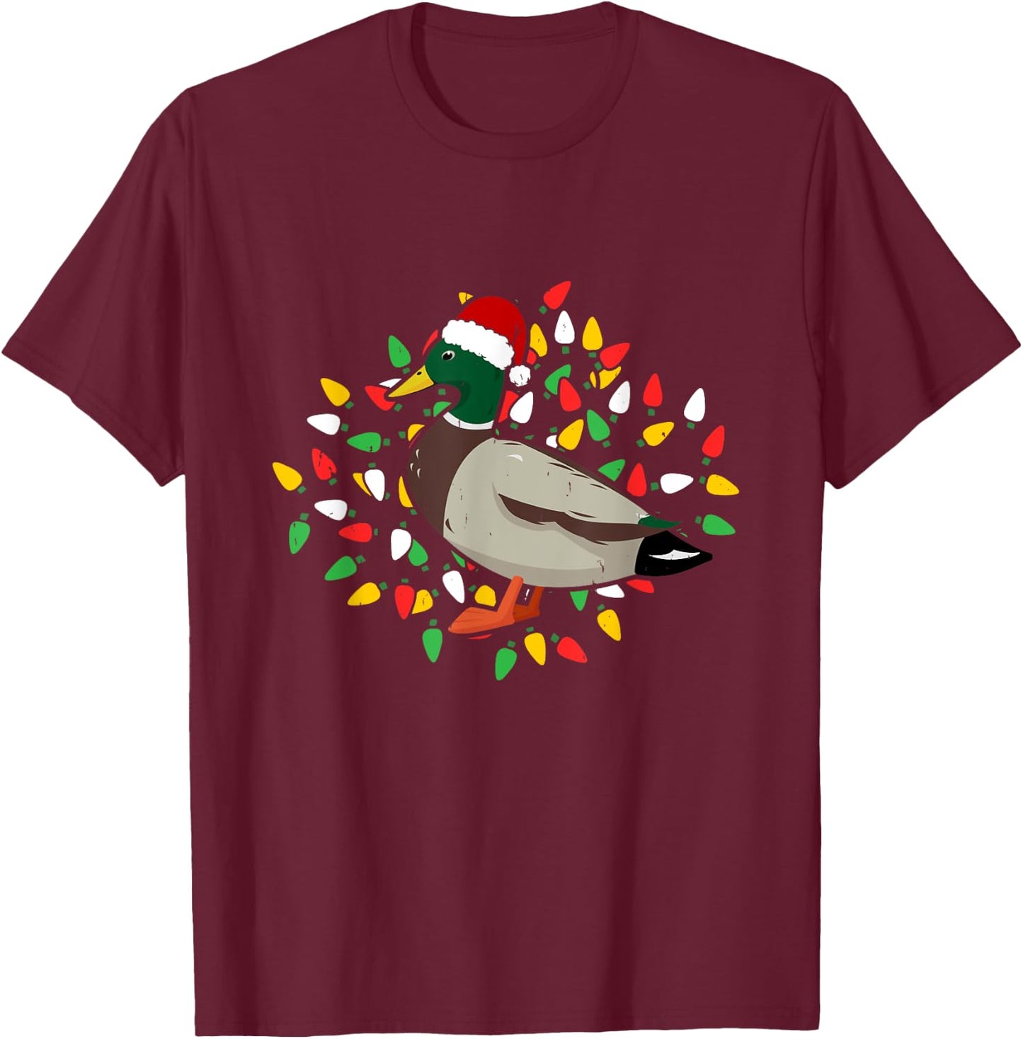 Holiday Xmas Lighting Santa Hat Mallard Duck Bird Christmas T-Shirt - T-Shirt | Maroon