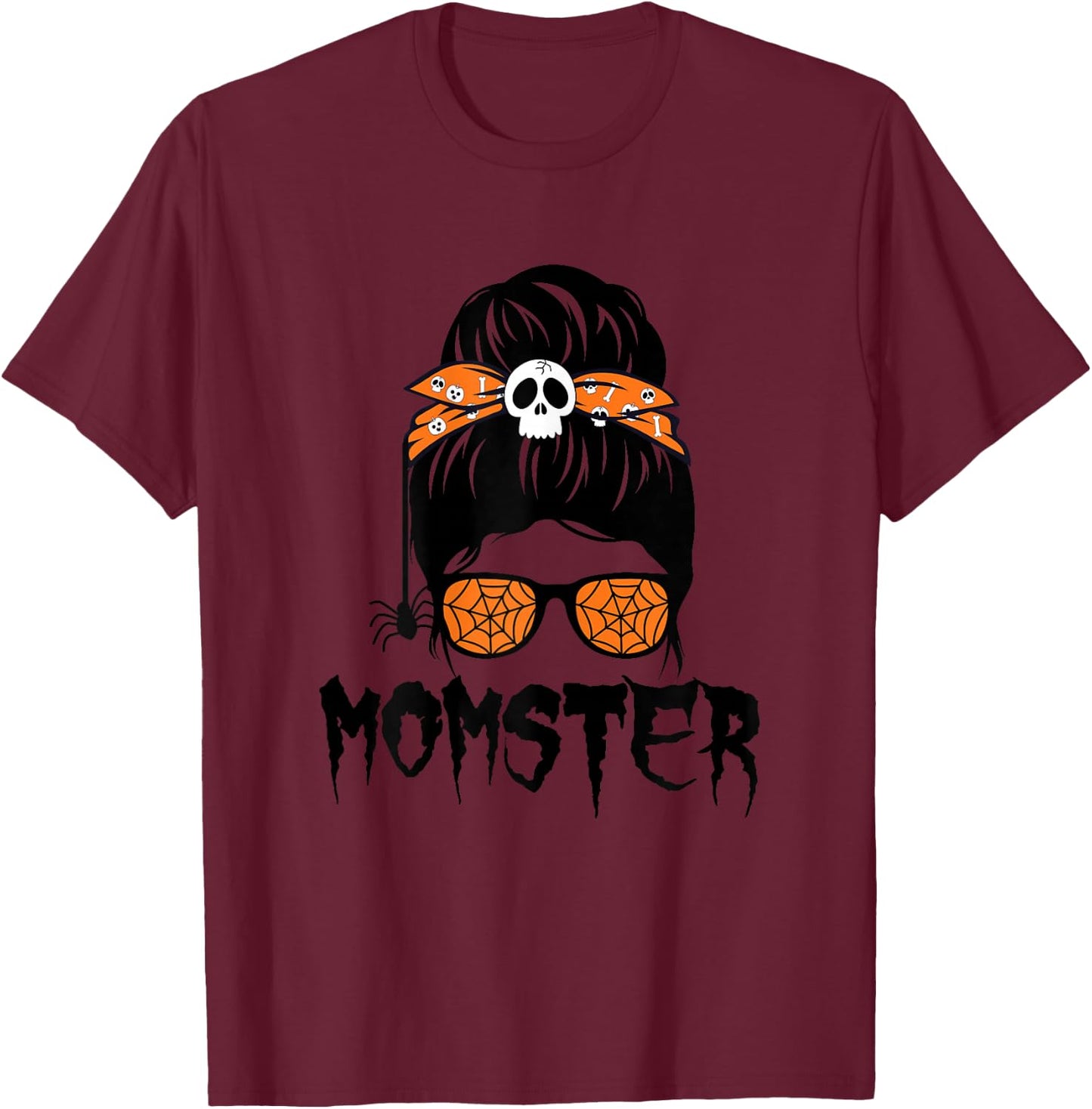 Momster Halloween Costume Skull Mom Messy Hair Bun Monster T-Shirt - T-Shirt | Maroon