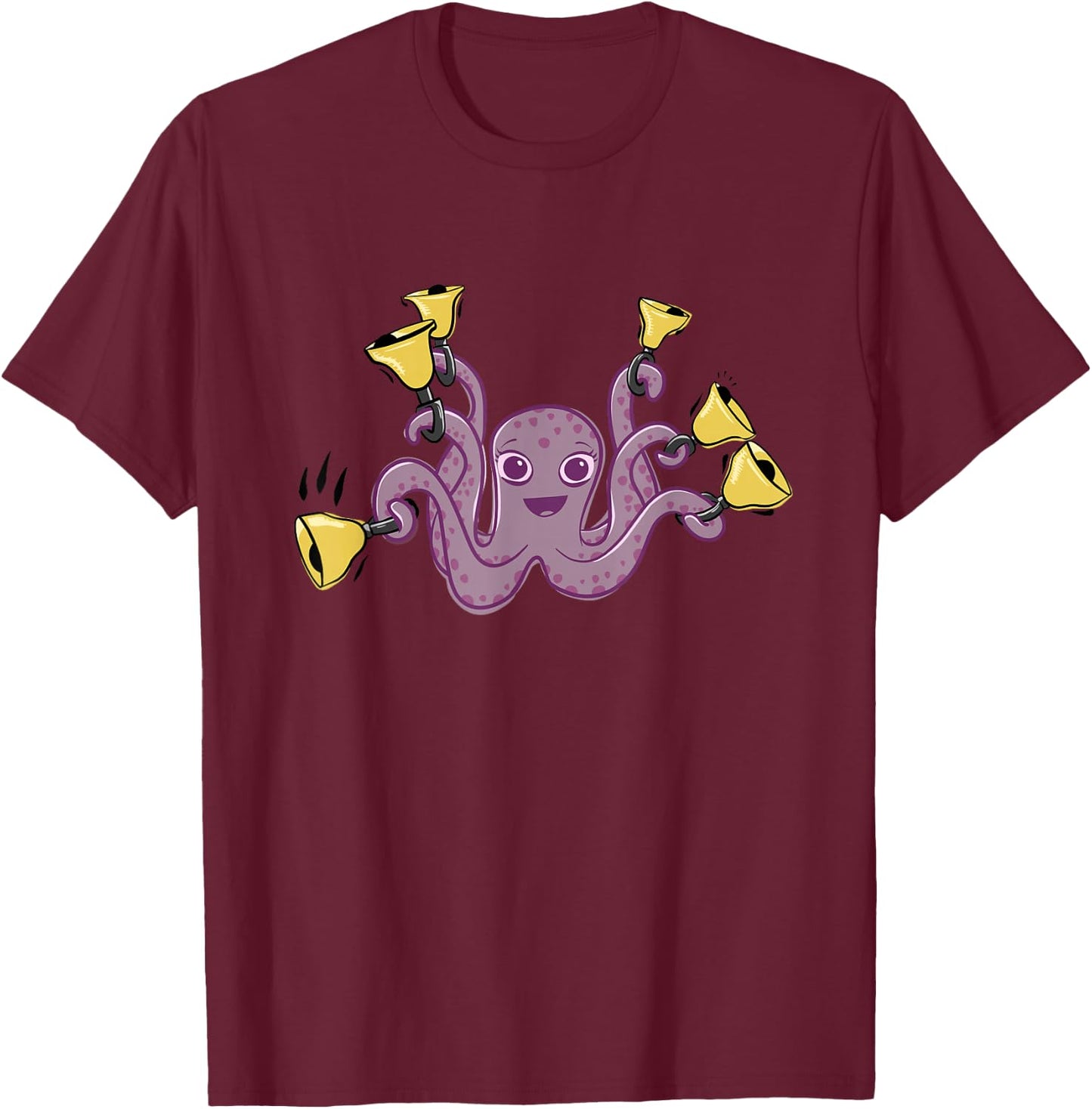 Octopus Ringing Handbells Cartoon T-Shirt - T-Shirt | Maroon