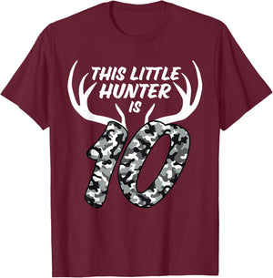 10 Year Old Birthday Shirt Boy Deer Hunting Theme Camo 10th T-Shirt - T-Shirt | Maroon