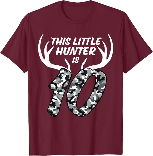 10 Year Old Birthday Shirt Boy Deer Hunting Theme Camo 10th T-Shirt - T-Shirt | Maroon