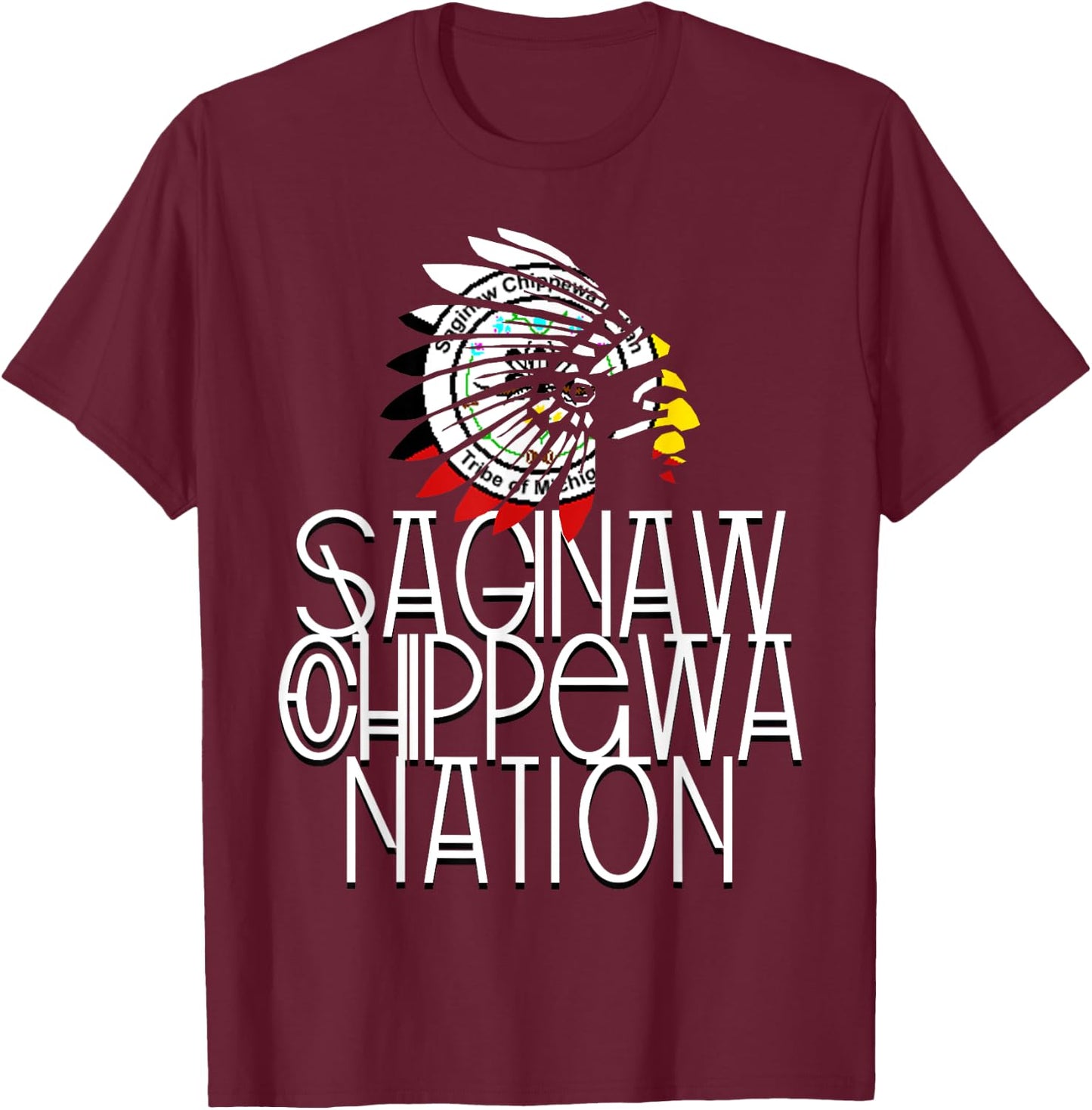 Saginaw Chippewa Tribal Flag | Native American | Headdress T-Shirt - T-Shirt | Maroon