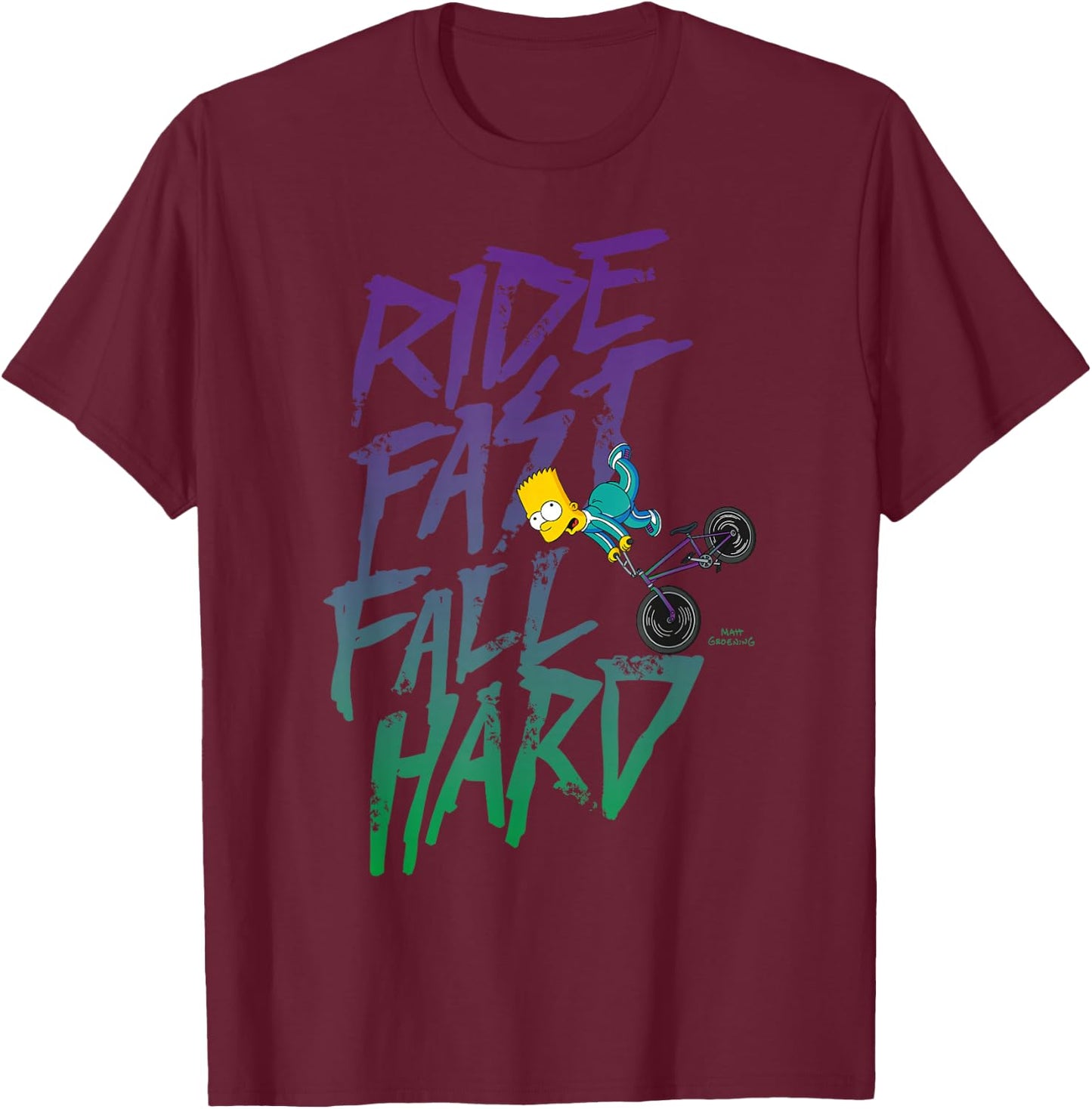 The Simpsons Bart Simpson Ride Fast Fall Hard Color Logo T-Shirt - T-Shirt | Maroon