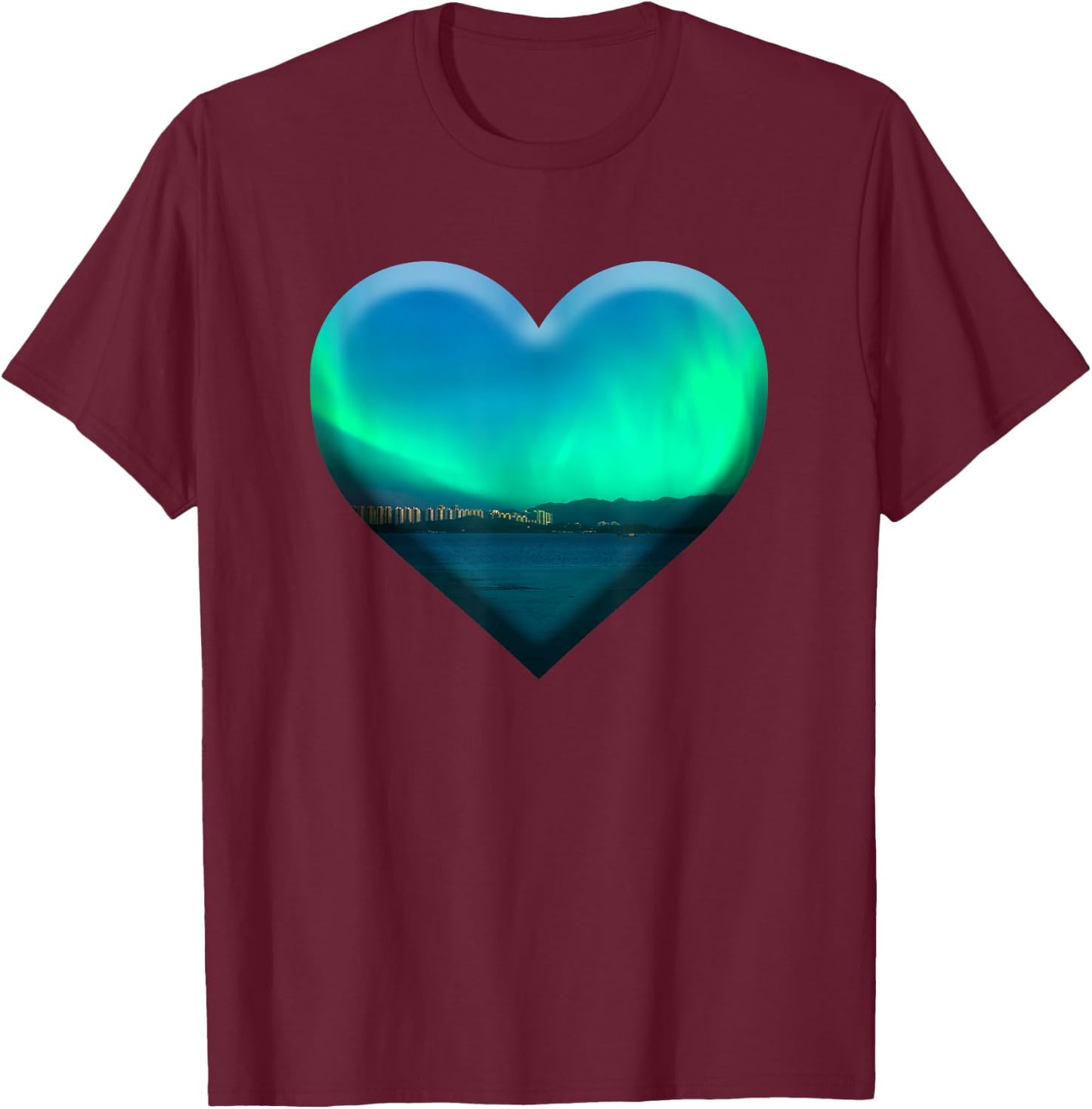 Northern Light Aurora Borealis Heart Shape Love Nature Sky T-Shirt - T-Shirt | Maroon