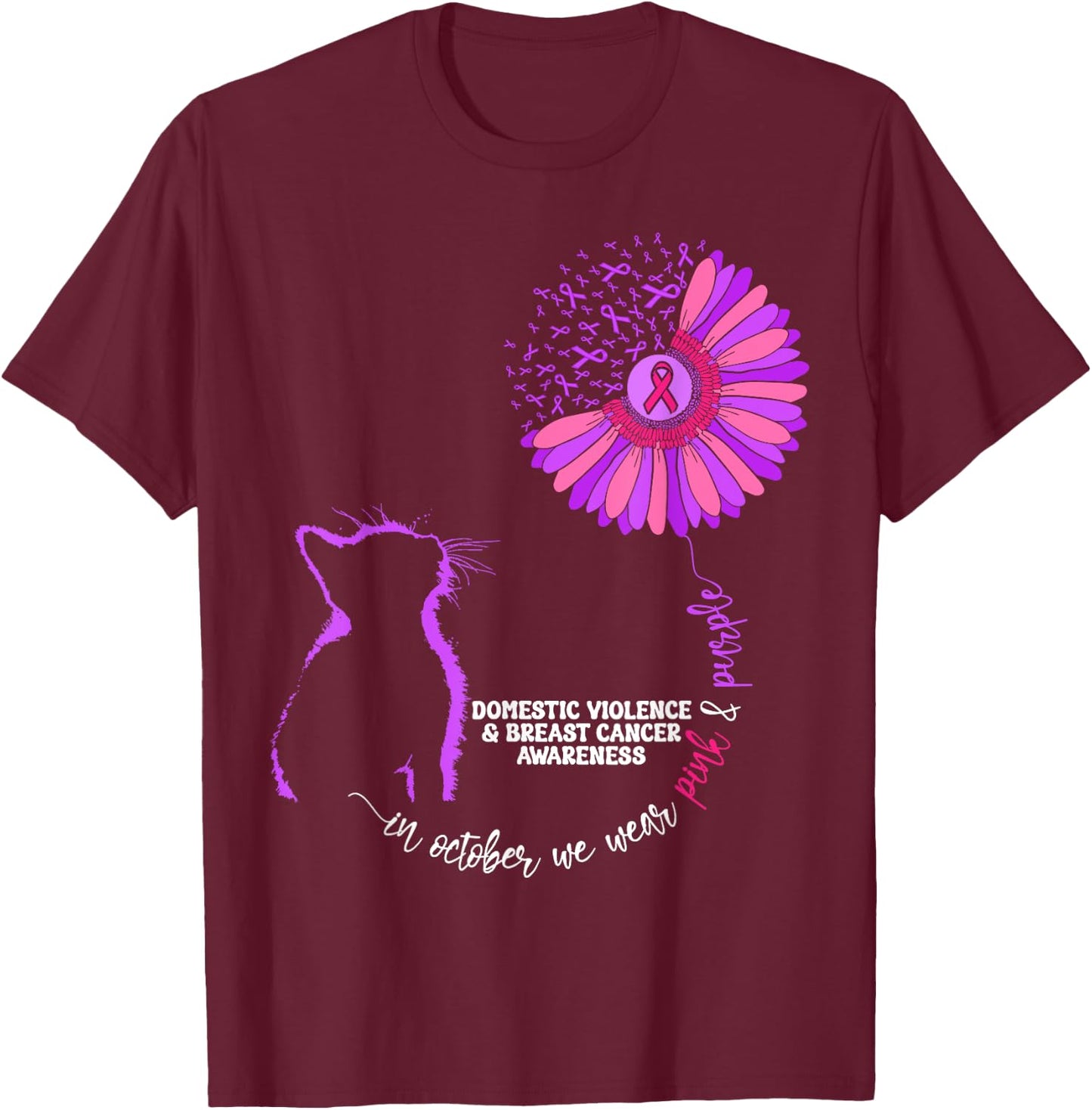 Cat Domestic Violence And Breast Cancer Awareness Groovy Men Women Girls Kids T-Shirt - T-Shirt | Maroon