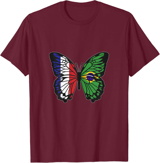 France and Brazil Mix Butterfly Half Brazilian French Roots T-Shirt - T-Shirt | Maroon