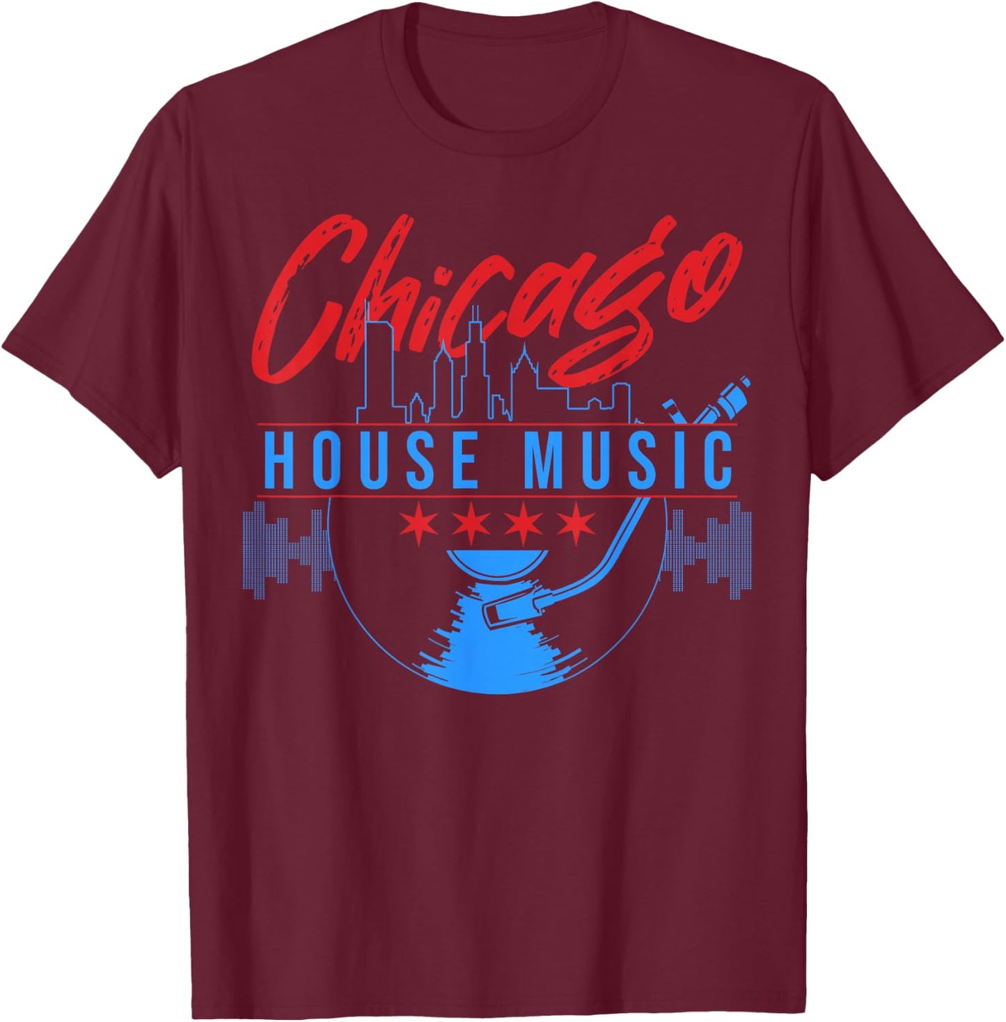 Chicago House Music Vinyl Dj Raver Flag Skyline Apparel T-Shirt - T-Shirt | Maroon