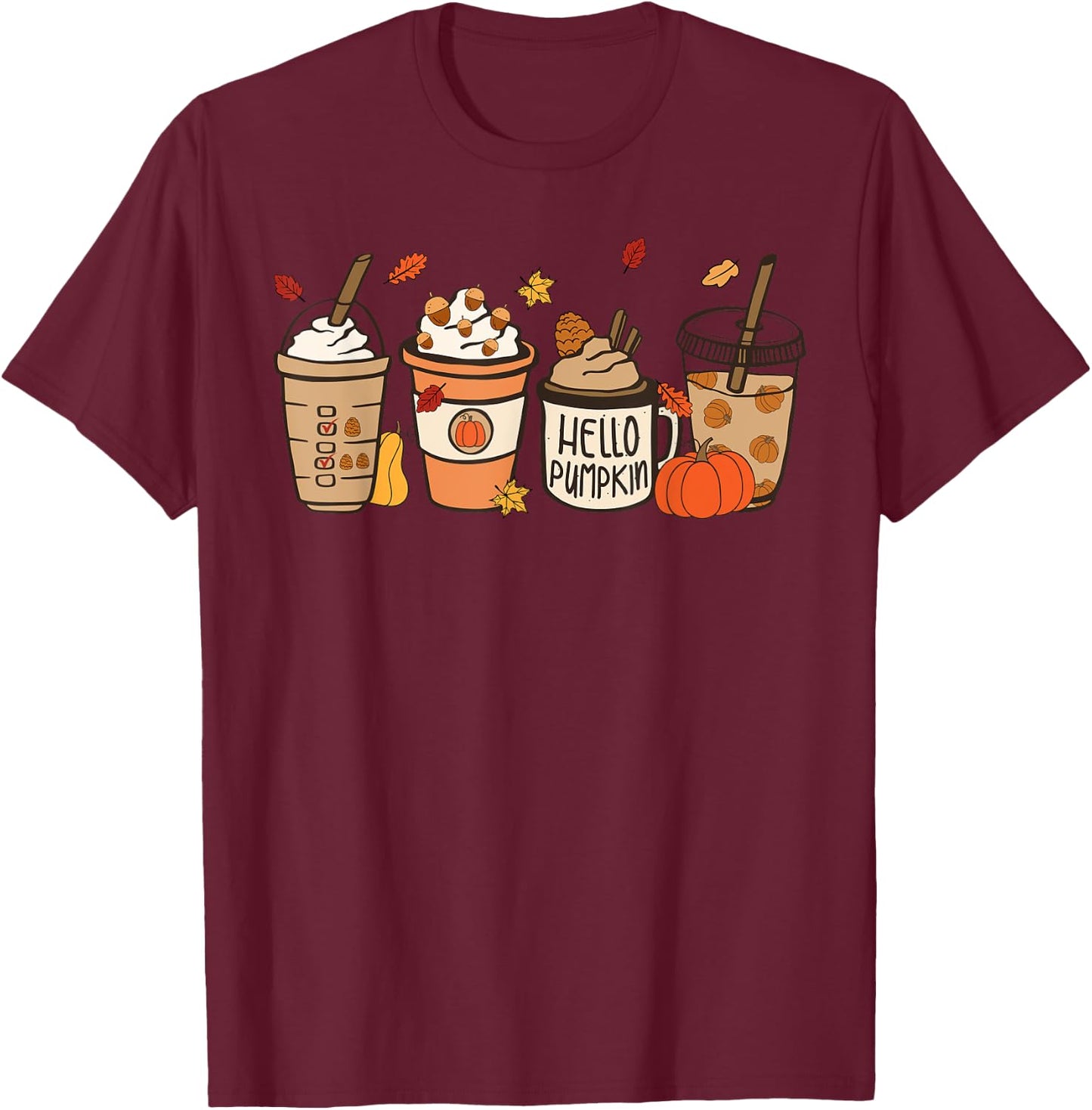 Hello Pumpkin Spice Latte Coffee Vintage Thanksgiving Fall T-Shirt - T-Shirt | Maroon