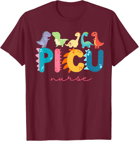 PICU Pediatric Nurse Dinosaurs PICU Squad Nurse Appreciation T-Shirt - T-Shirt | Maroon