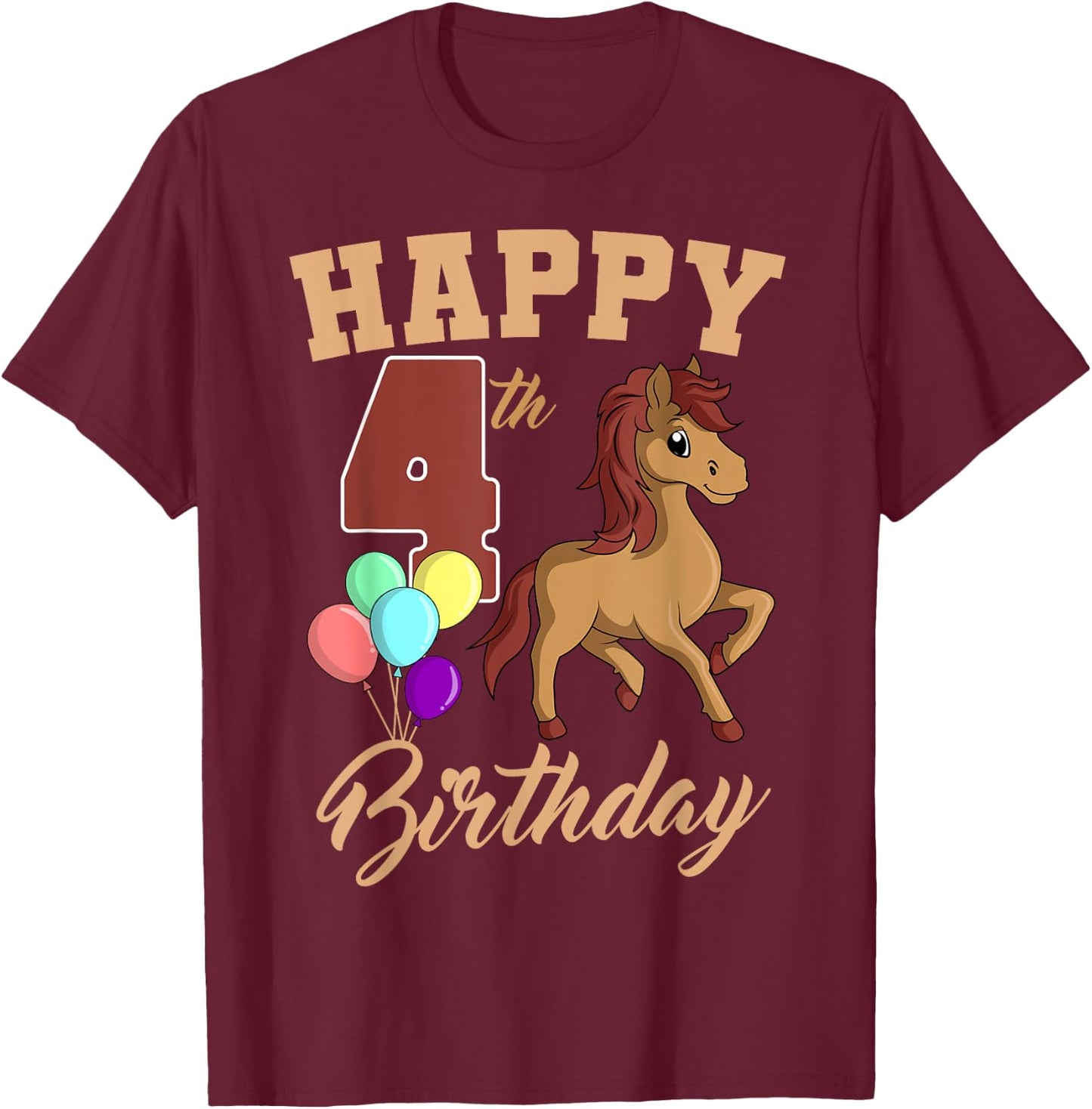Happy 4th Birthday Horse Theme 4 Bday Party Celebration T-Shirt - T-Shirt | Maroon
