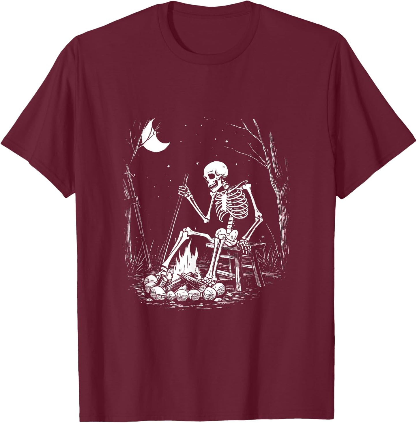 Camping Skeleton Bones Halloween Forest Campfire Graphic T-Shirt - T-Shirt | Maroon