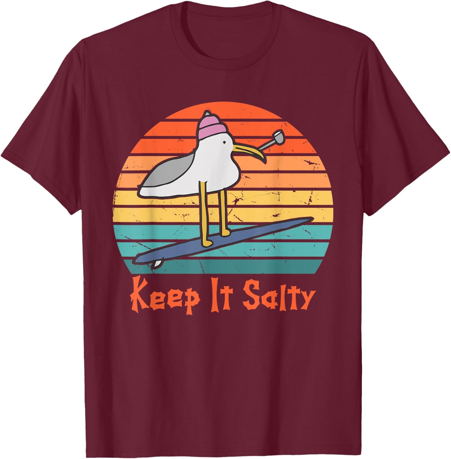 Keep It Salty Vintage Sunset Seagull Lover Funny Quote T-Shirt - T-Shirt | Maroon