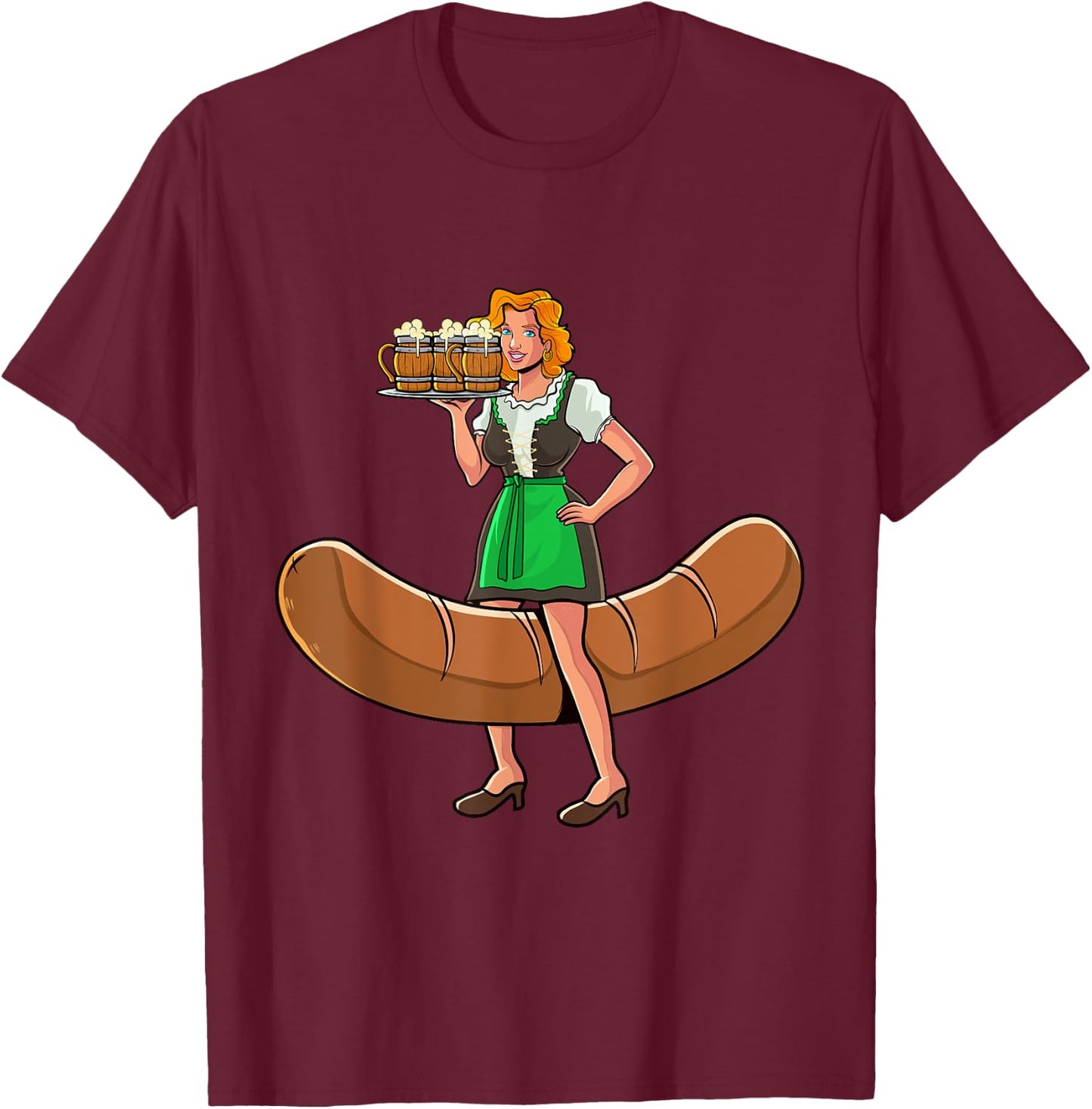 Funny Barmaid Oktoberfest German Woman Bartwurst Dirndl T-Shirt - T-Shirt | Maroon