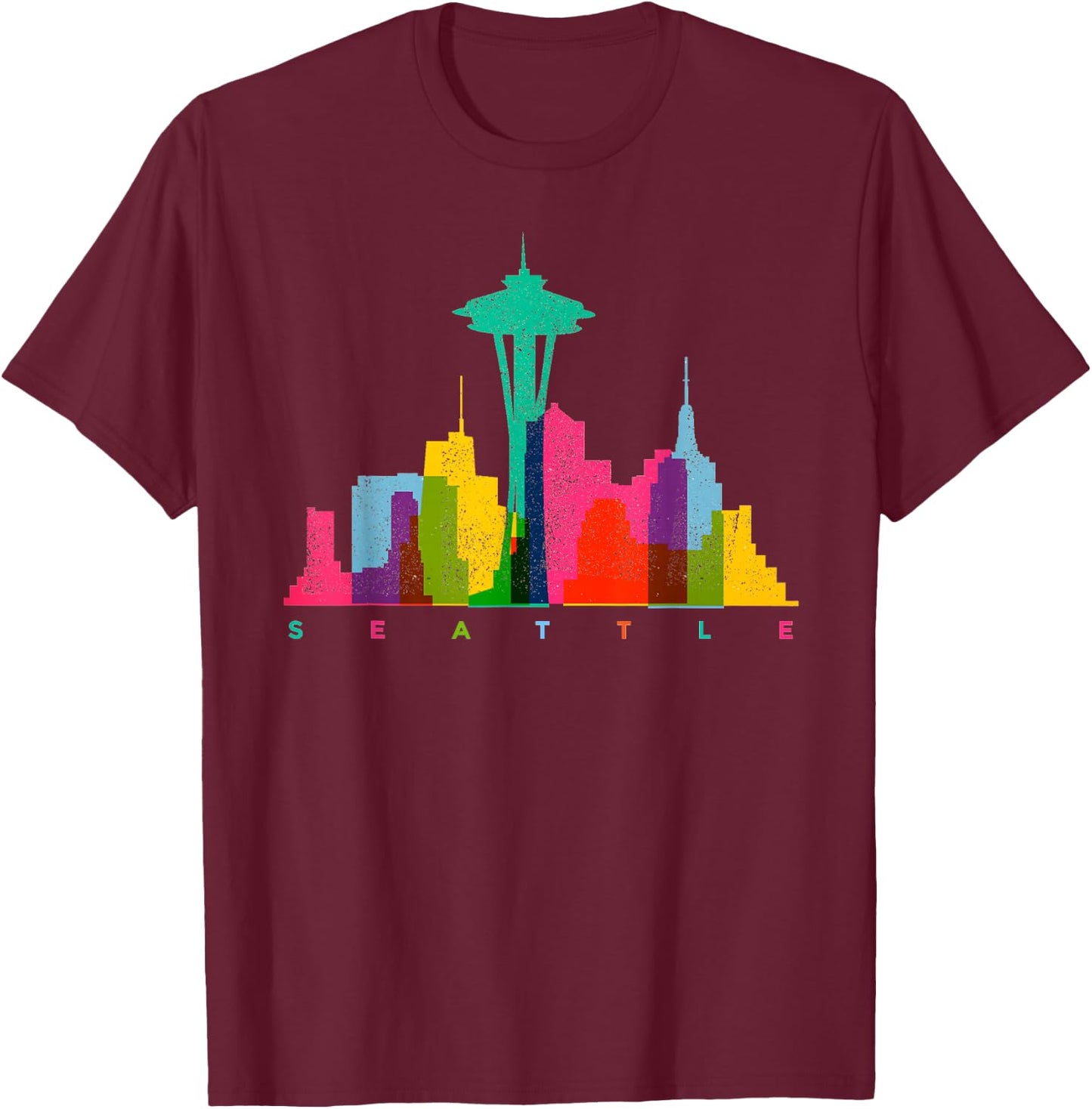 Seattle Skyline Colorful Washington T-Shirt - T-Shirt | Maroon